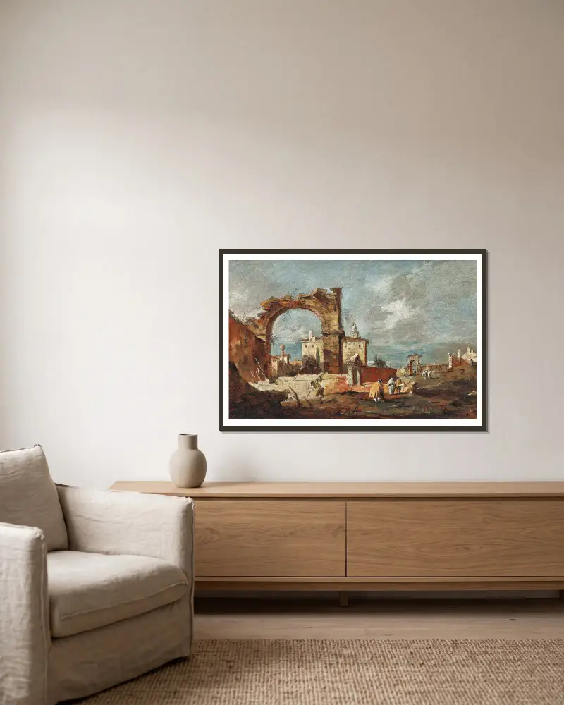 Capriccio med en ruinerad båge och en villa i bakgrunden av Francesco Guardi inramad på en vägg