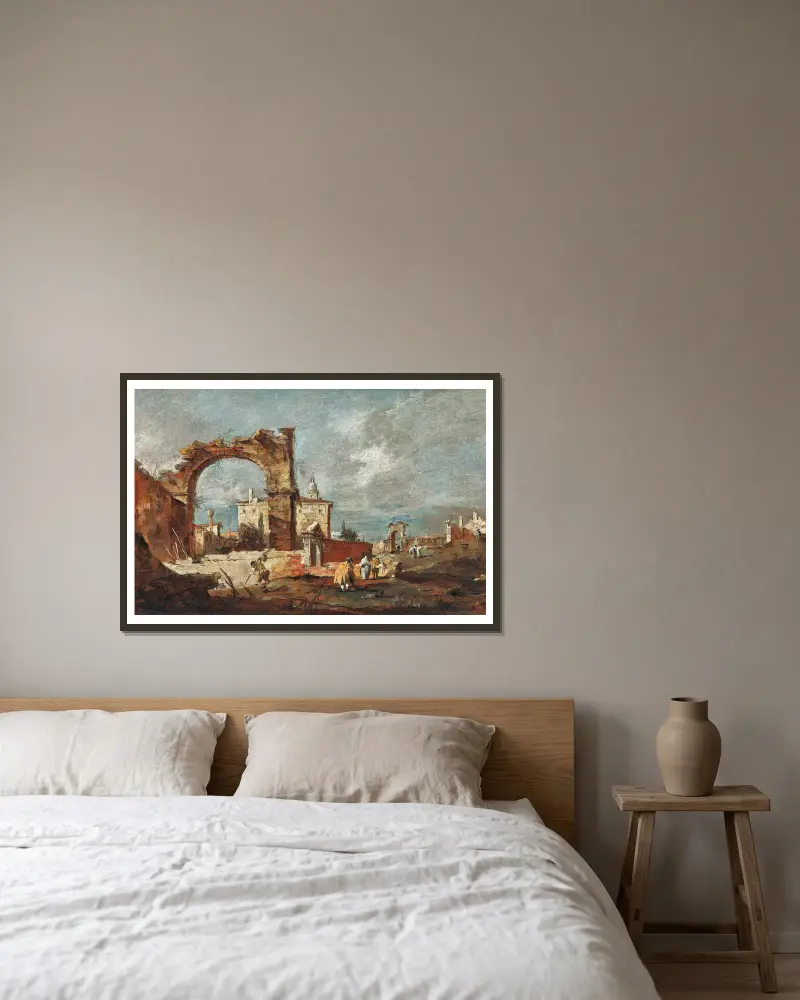 Capriccio med en ruinerad båge och en villa i bakgrunden av Francesco Guardi inramad på en vägg