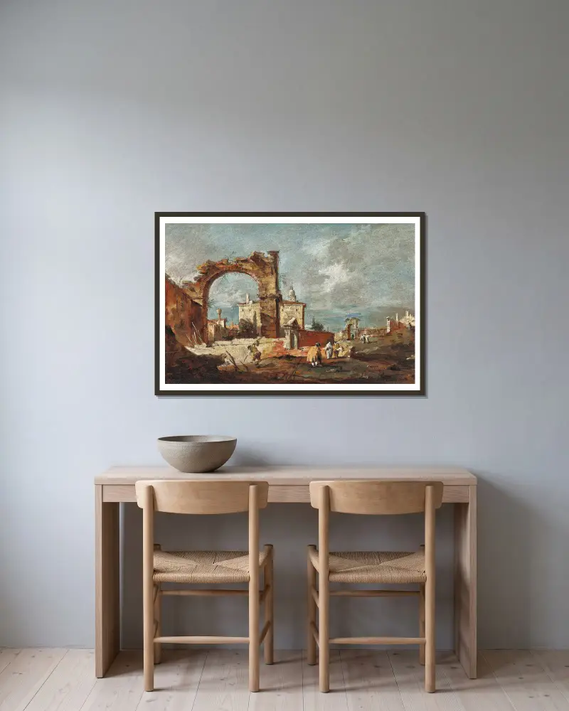 Capriccio med en ruinerad båge och en villa i bakgrunden av Francesco Guardi inramad på en vägg