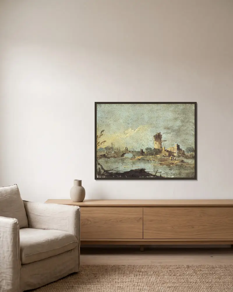 Ländliche Capriccio mit Brücke und Ruinenturm von Francesco Guardi gerahmt an einer Wand