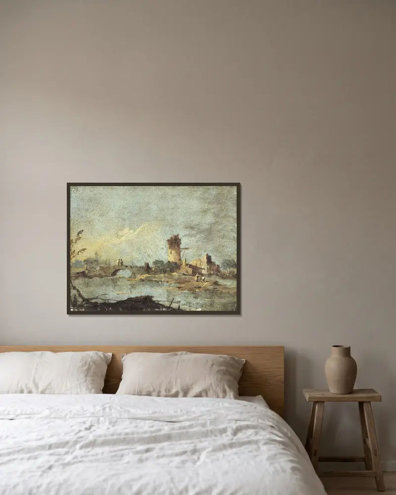Ländliche Capriccio mit Brücke und Ruinenturm von Francesco Guardi gerahmt an einer Wand