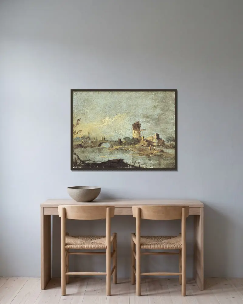 Ländliche Capriccio mit Brücke und Ruinenturm von Francesco Guardi gerahmt an einer Wand