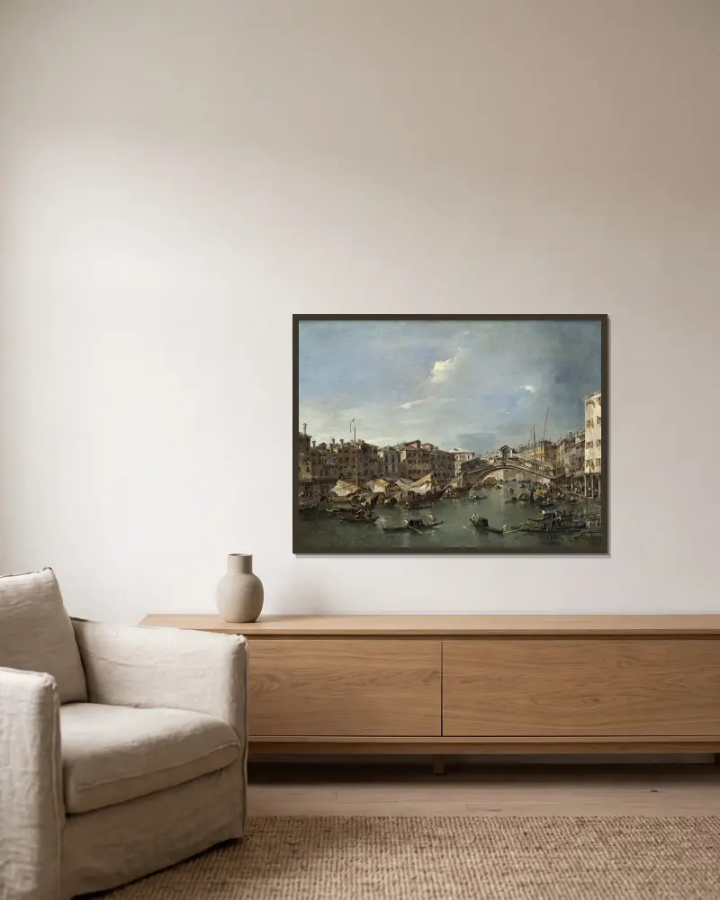 Stora kanalen med Rialtobron, Venedig av Francesco Guardi inramad på en vägg