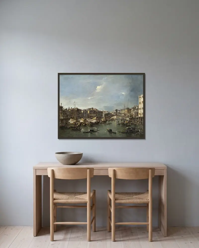 Stora kanalen med Rialtobron, Venedig av Francesco Guardi inramad på en vägg