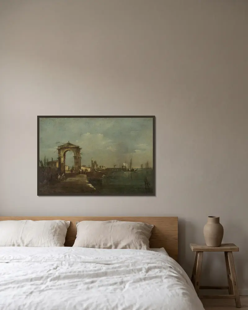 Landschaft mit Kai und Schiffen auf einem See von Francesco Guardi gerahmt an einer Wand
