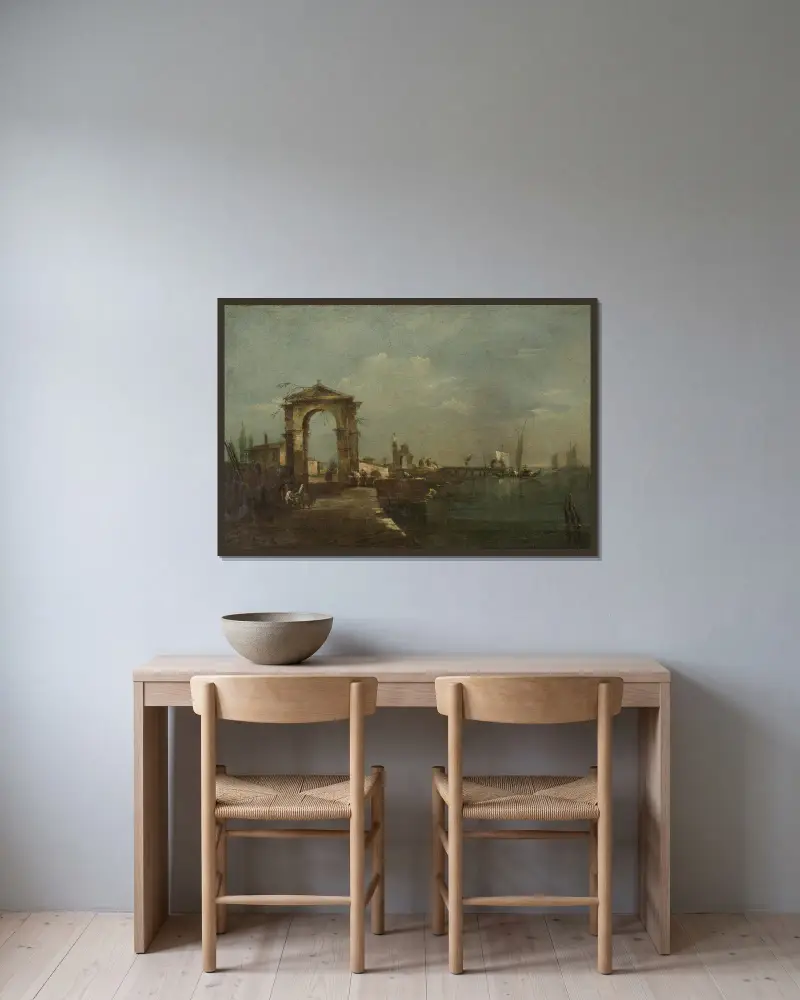 Landschaft mit Kai und Schiffen auf einem See von Francesco Guardi gerahmt an einer Wand