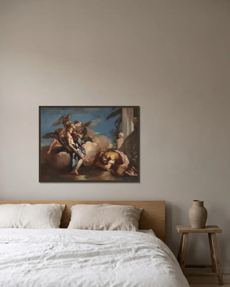 Änglarna visar sig för Abraham av Francesco Guardi inramad på en vägg