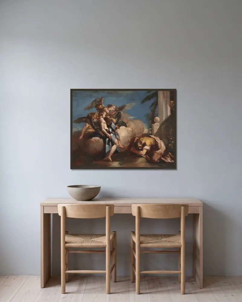 Änglarna visar sig för Abraham av Francesco Guardi inramad på en vägg