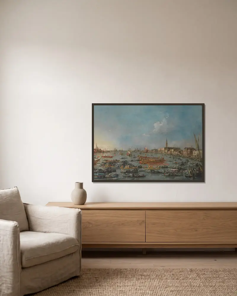 Bucintorofesten i Venedig av Francesco Guardi inramad på en vägg