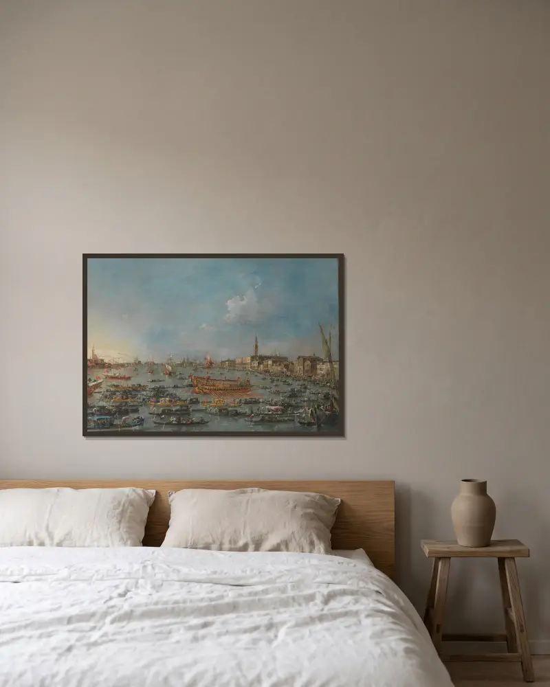 Bucintorofesten i Venedig av Francesco Guardi inramad på en vägg