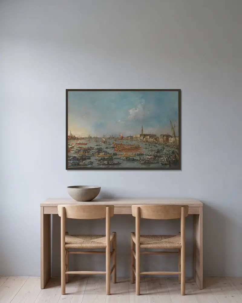 Bucintorofesten i Venedig av Francesco Guardi inramad på en vägg