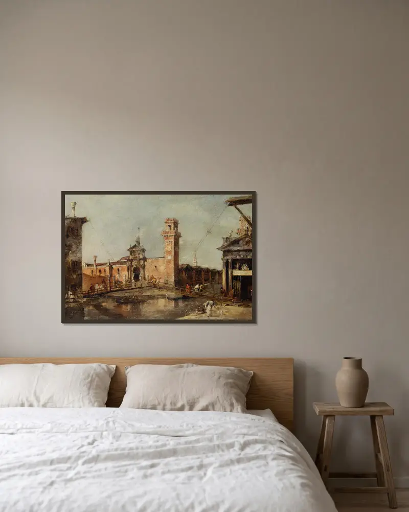 Der Eingang zum Arsenal in Venedig von Francesco Guardi gerahmt an einer Wand