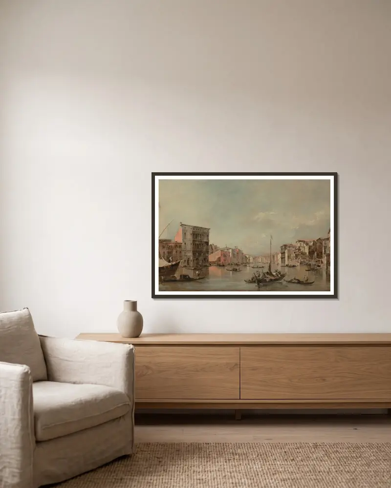 Canal Grande i Venedig med Palazzo Bembo av Francesco Guardi inramad på en vägg
