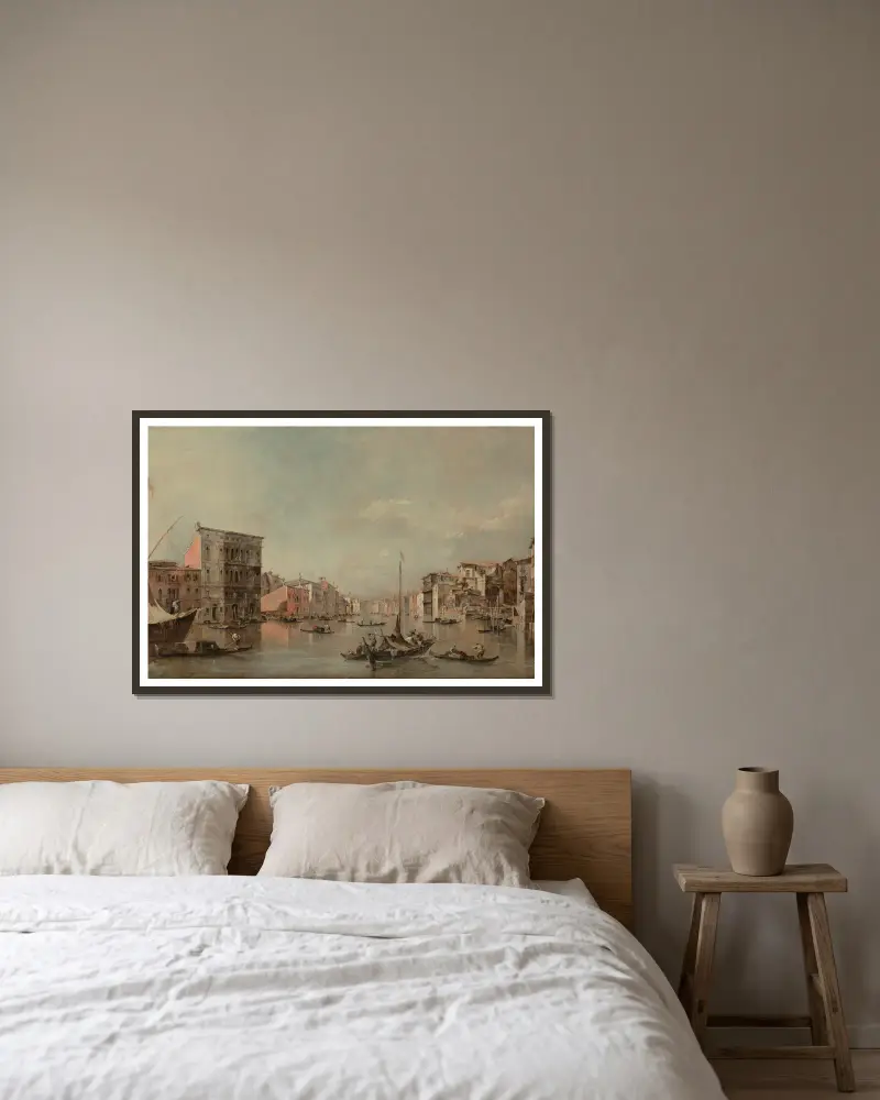 Canal Grande i Venedig med Palazzo Bembo av Francesco Guardi inramad på en vägg