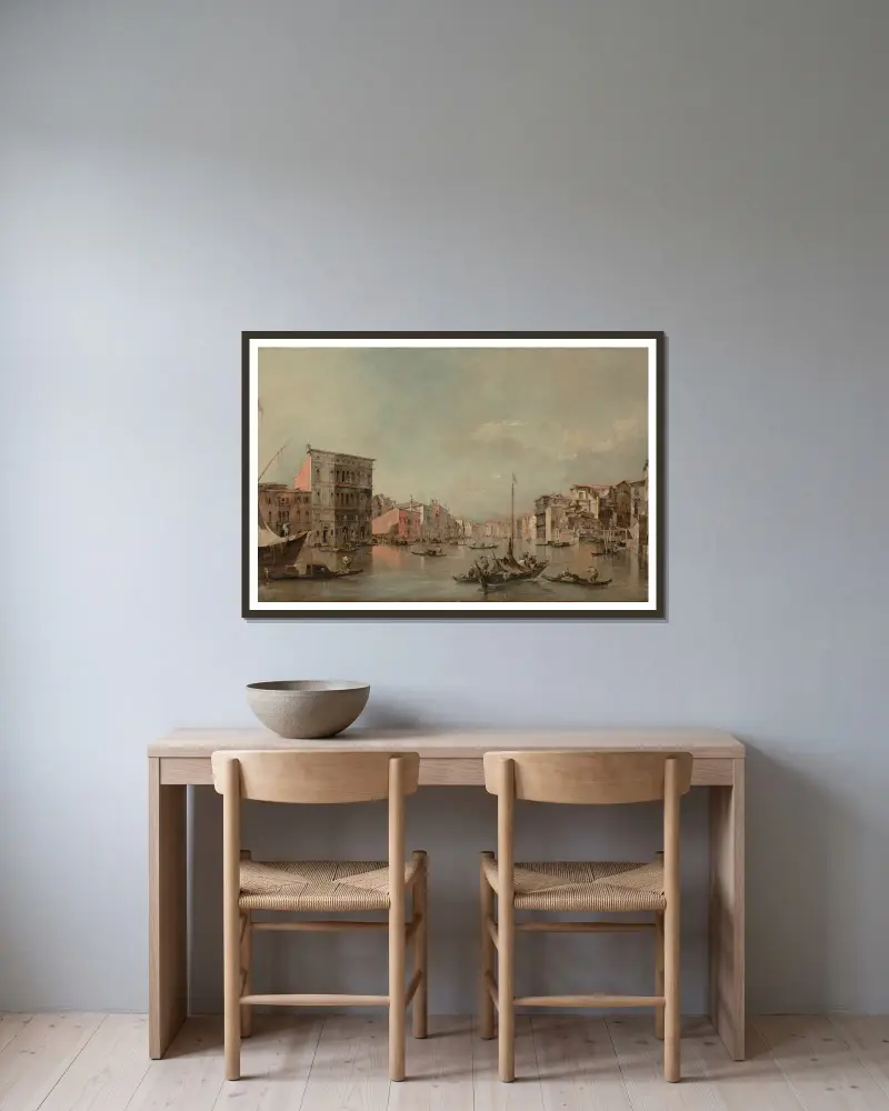 Canal Grande i Venedig med Palazzo Bembo av Francesco Guardi inramad på en vägg