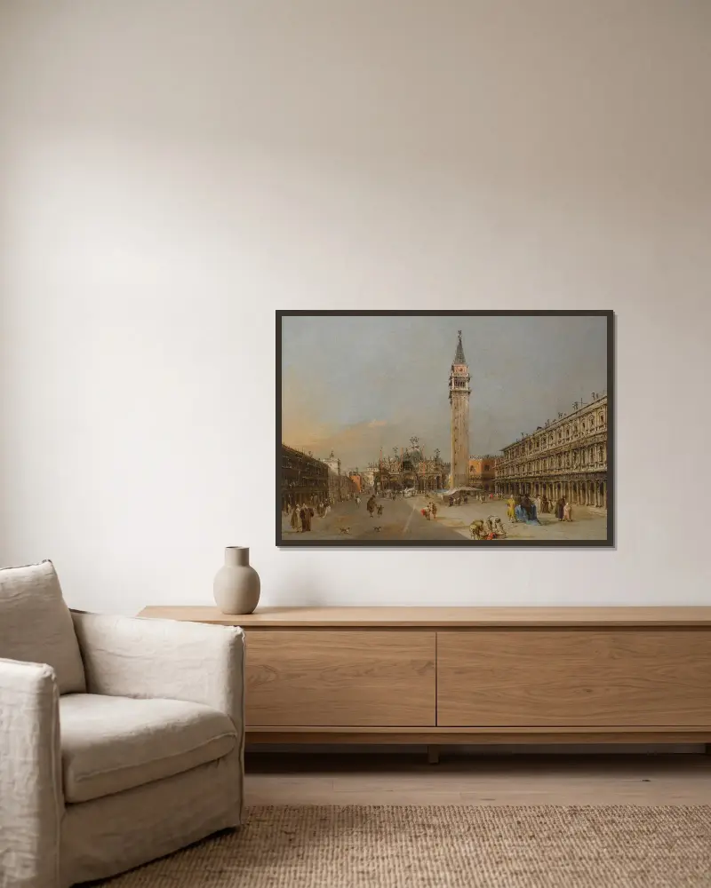 Piazza San Marco med basilikan och kampanilen av Francesco Guardi inramad på en vägg