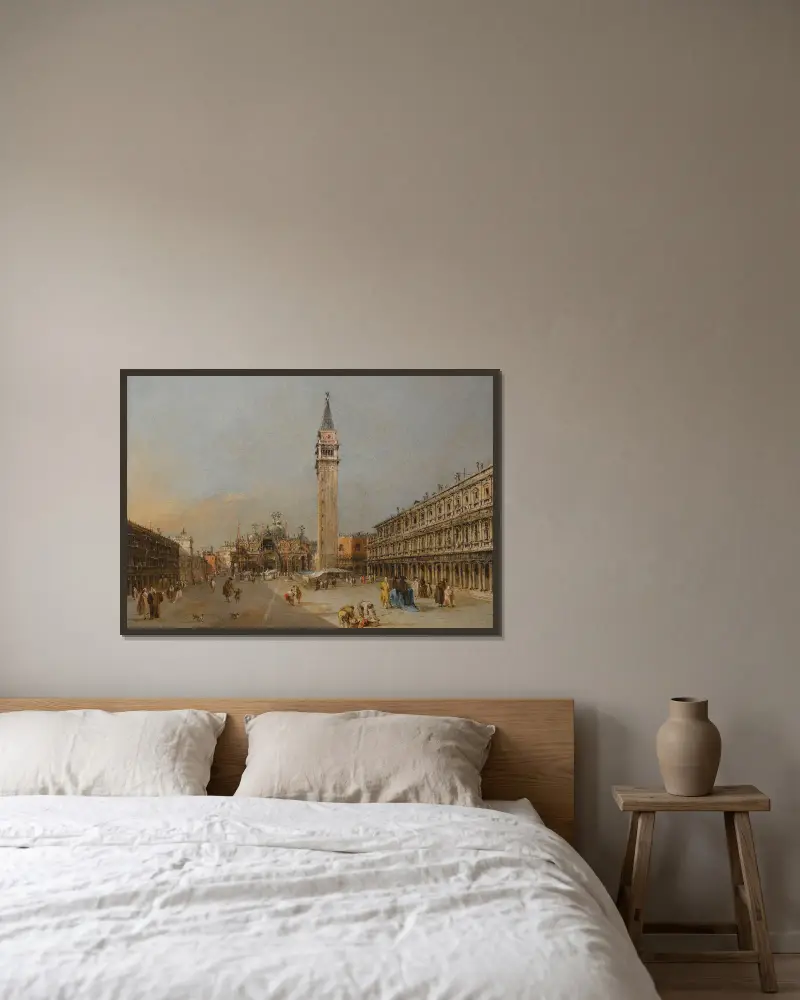 Piazza San Marco med basilikan och kampanilen av Francesco Guardi inramad på en vägg