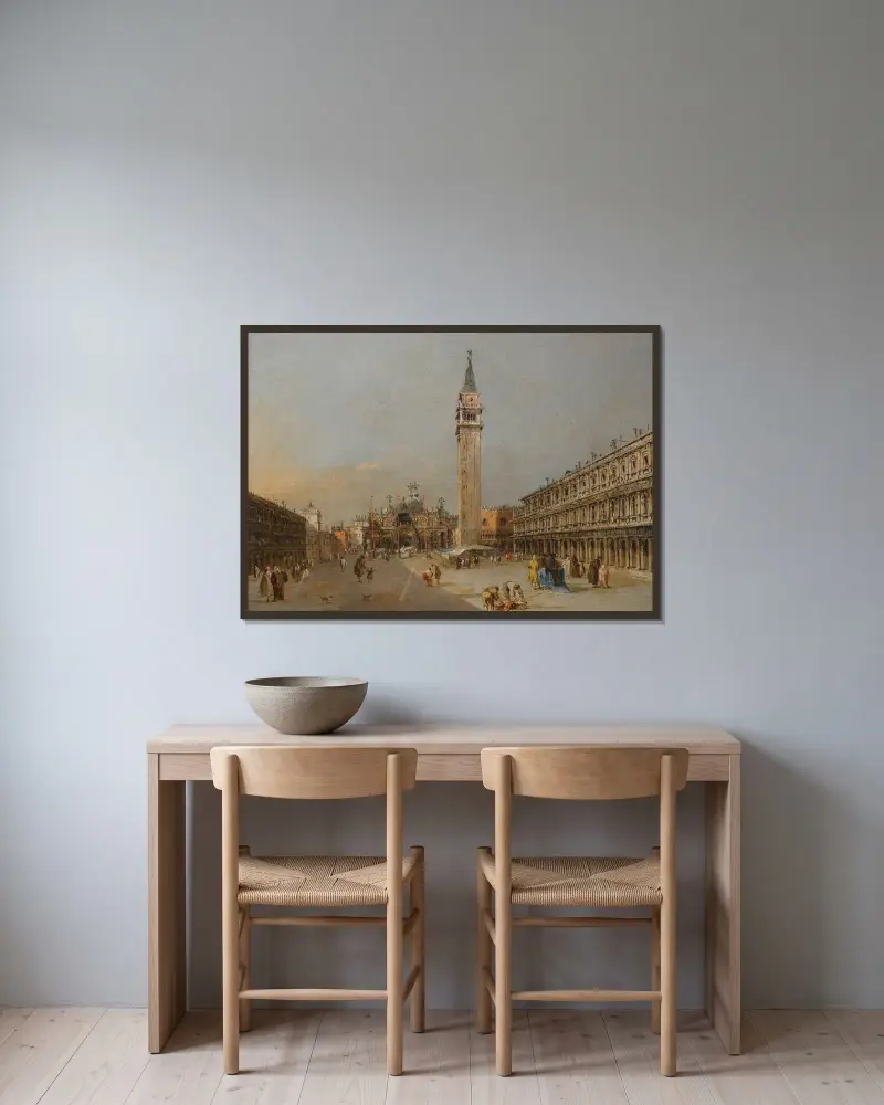 Piazza San Marco med basilikan och kampanilen av Francesco Guardi inramad på en vägg