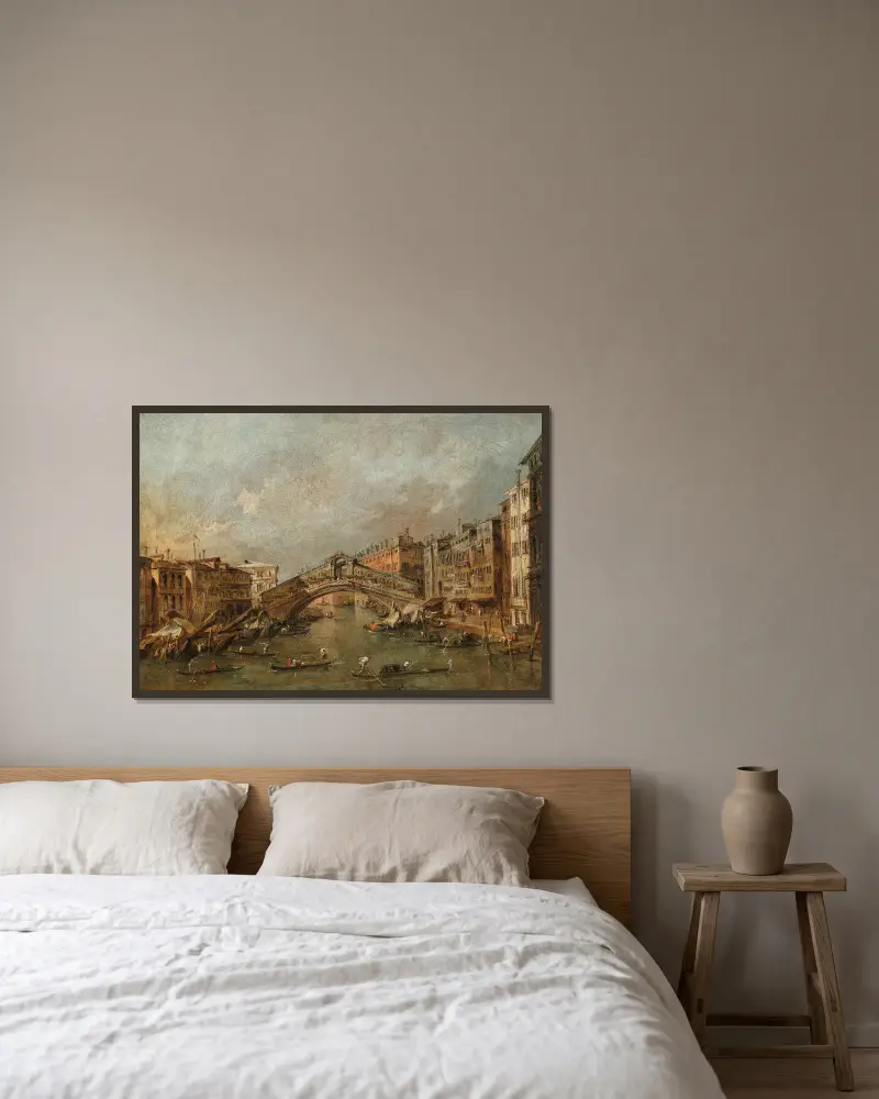 Rialtobron och Riva del Vin, Venedig av Francesco Guardi inramad på en vägg
