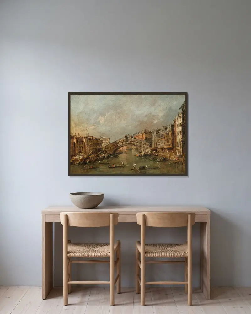 Rialtobron och Riva del Vin, Venedig av Francesco Guardi inramad på en vägg