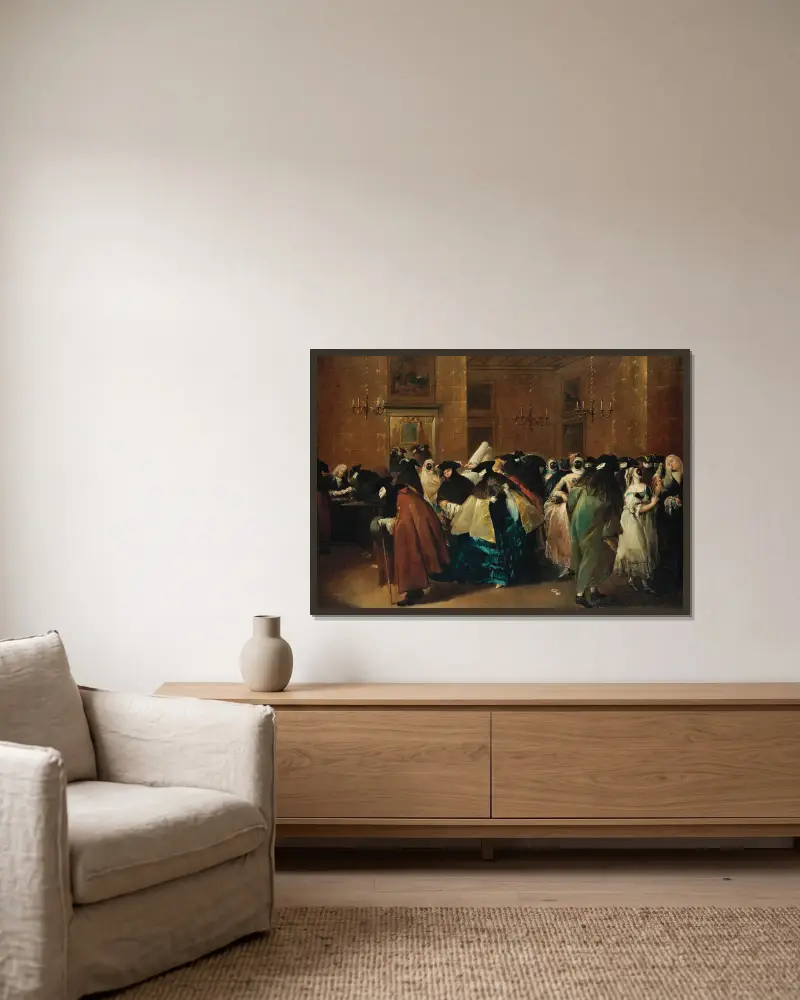 Ridotton i Venedig med maskerade figurer som samtalar av Francesco Guardi inramad på en vägg