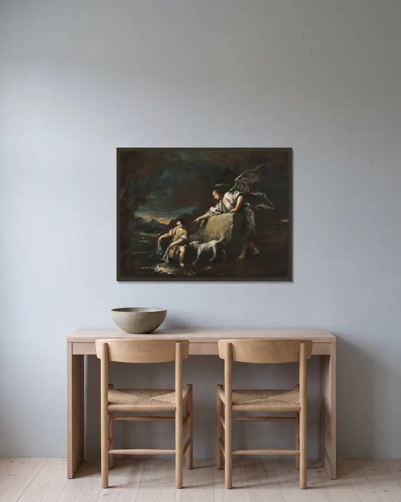 Tobias och ängeln av Francesco Guardi inramad på en vägg