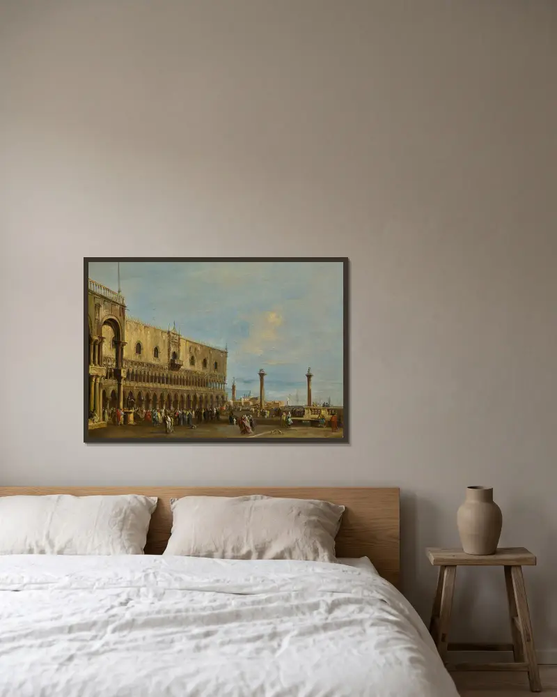 Venedig, vy över Piazzettan mot söder med Dogepalatset av Francesco Guardi inramad på en vägg