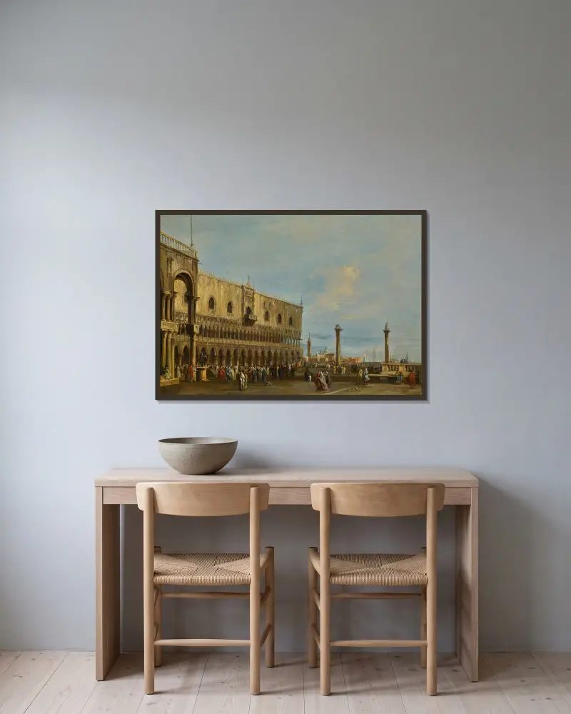 Venedig, vy över Piazzettan mot söder med Dogepalatset av Francesco Guardi inramad på en vägg