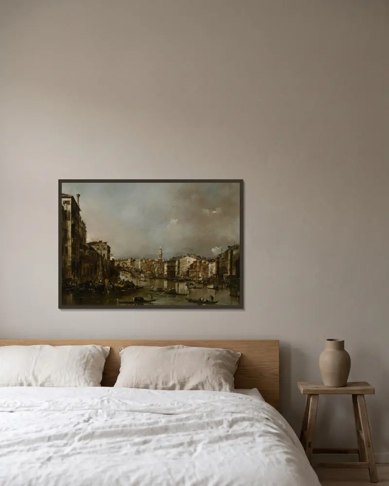 Utsikt uppför Canal Grande mot Rialto av Francesco Guardi inramad på en vägg