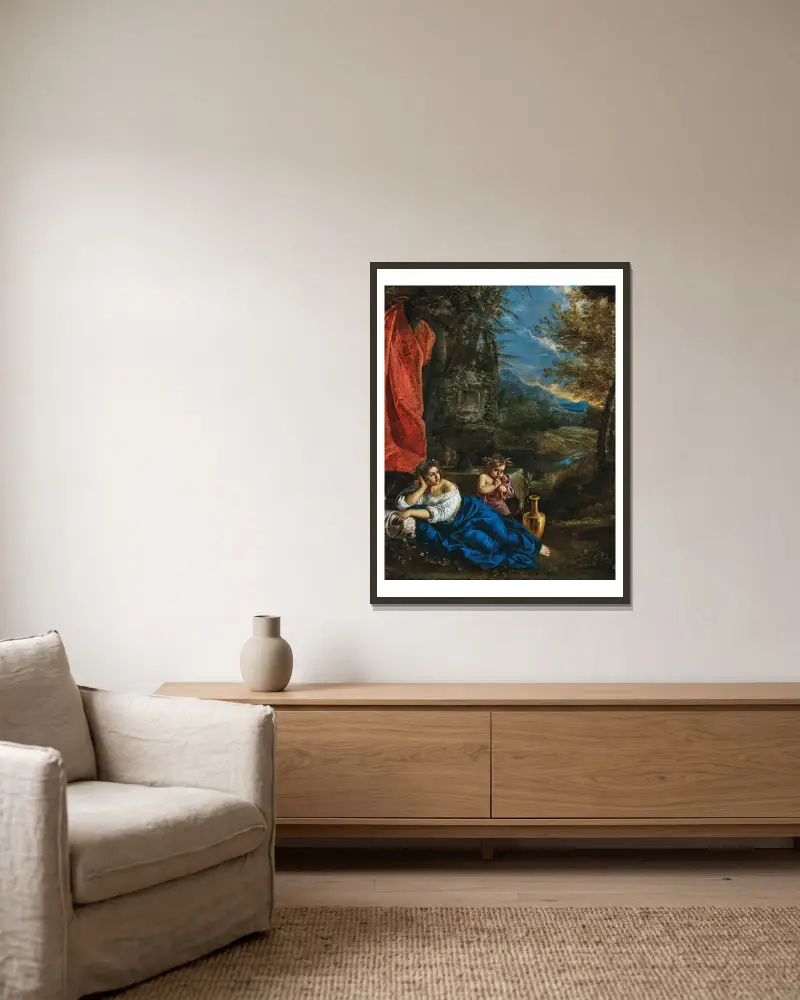 Flora och den unge Bacchus i ett skogslandskap av Pier Francesco Mola inramad på en vägg