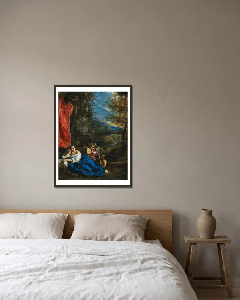Flora och den unge Bacchus i ett skogslandskap av Pier Francesco Mola inramad på en vägg