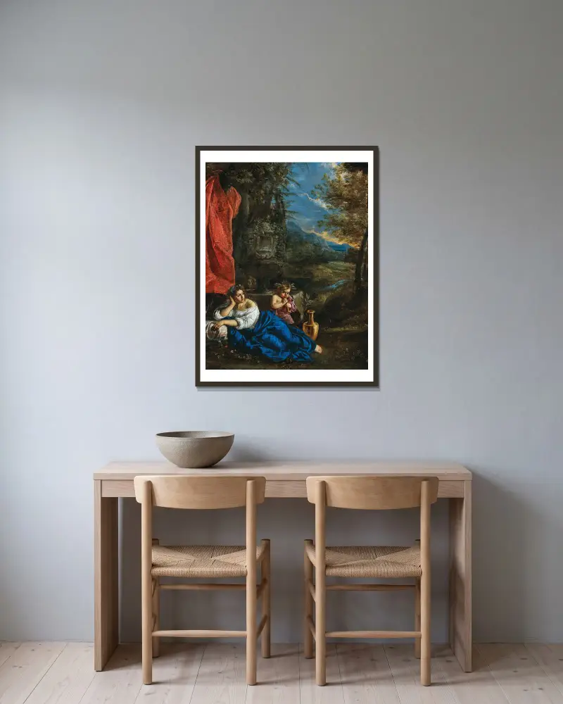 Flora och den unge Bacchus i ett skogslandskap av Pier Francesco Mola inramad på en vägg