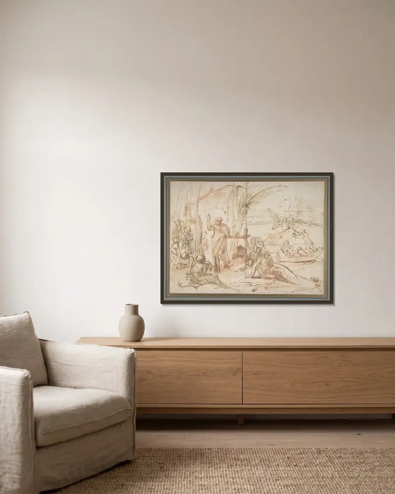 Johannes der Täufer predigt, Nr. 1 von Pier Francesco Mola gerahmt an einer Wand