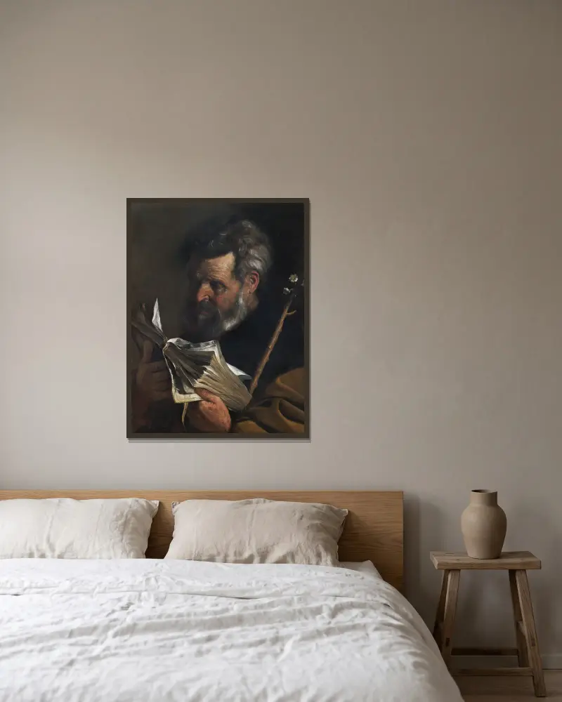 Sankt Josef läsande en bok med en blommande stav av Pier Francesco Mola inramad på en vägg
