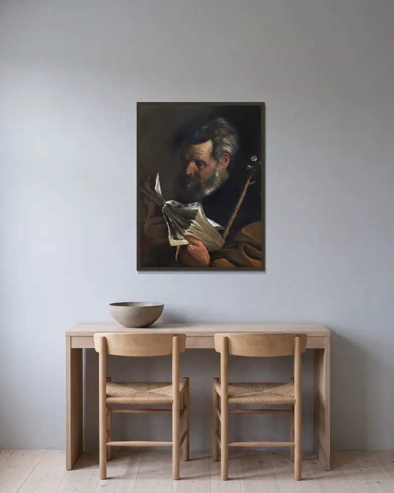 Sankt Josef läsande en bok med en blommande stav av Pier Francesco Mola inramad på en vägg