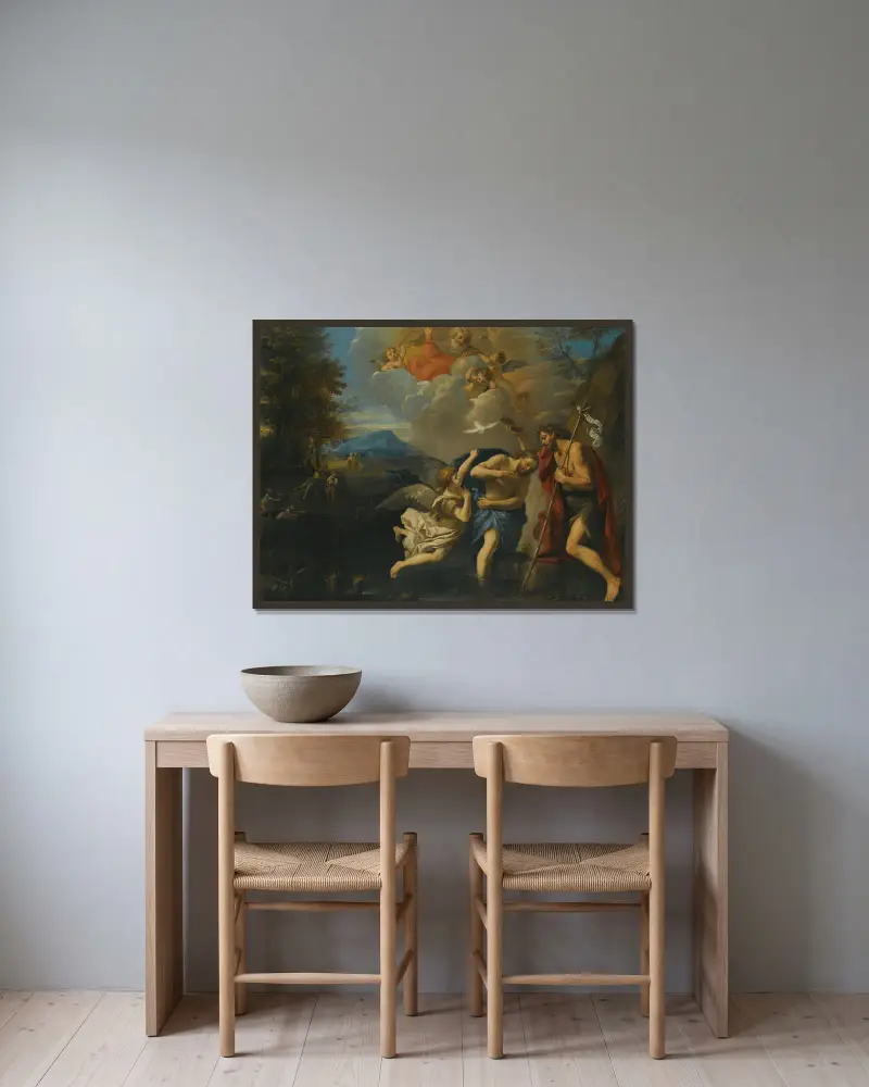 Kristi dop – nr 2 av Pier Francesco Mola inramad på en vägg