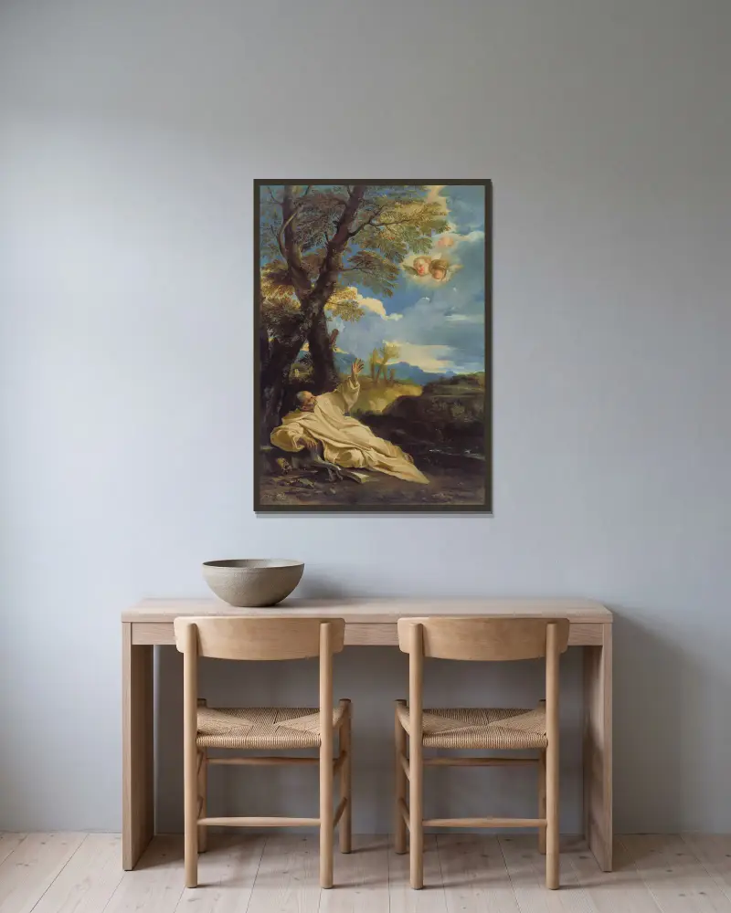 Den helige Brunos syn av Pier Francesco Mola inramad på en vägg