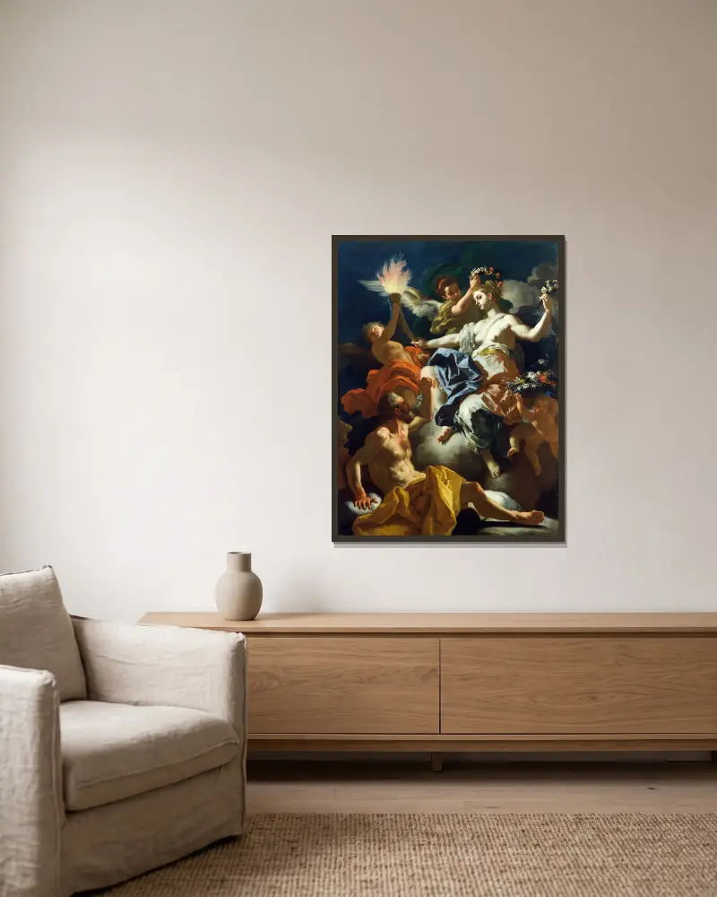 Aurora tar avsked av Tithonos av Francesco Solimena inramad på en vägg