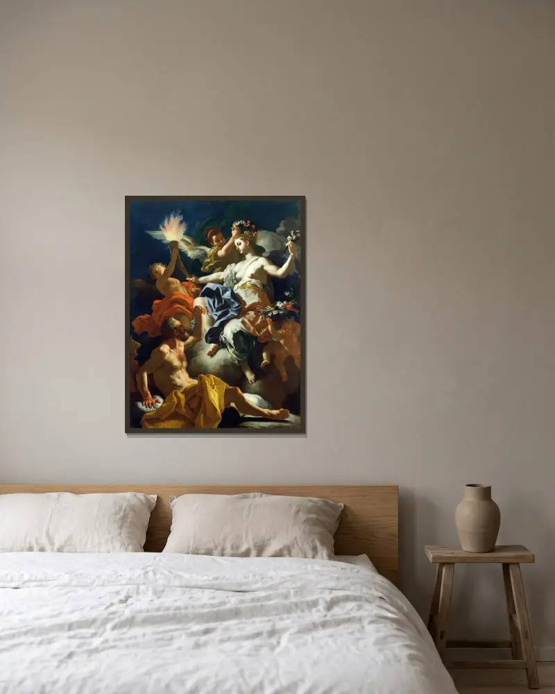 Aurora tar avsked av Tithonos av Francesco Solimena inramad på en vägg