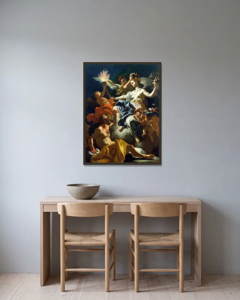 Aurora tar avsked av Tithonos av Francesco Solimena inramad på en vägg
