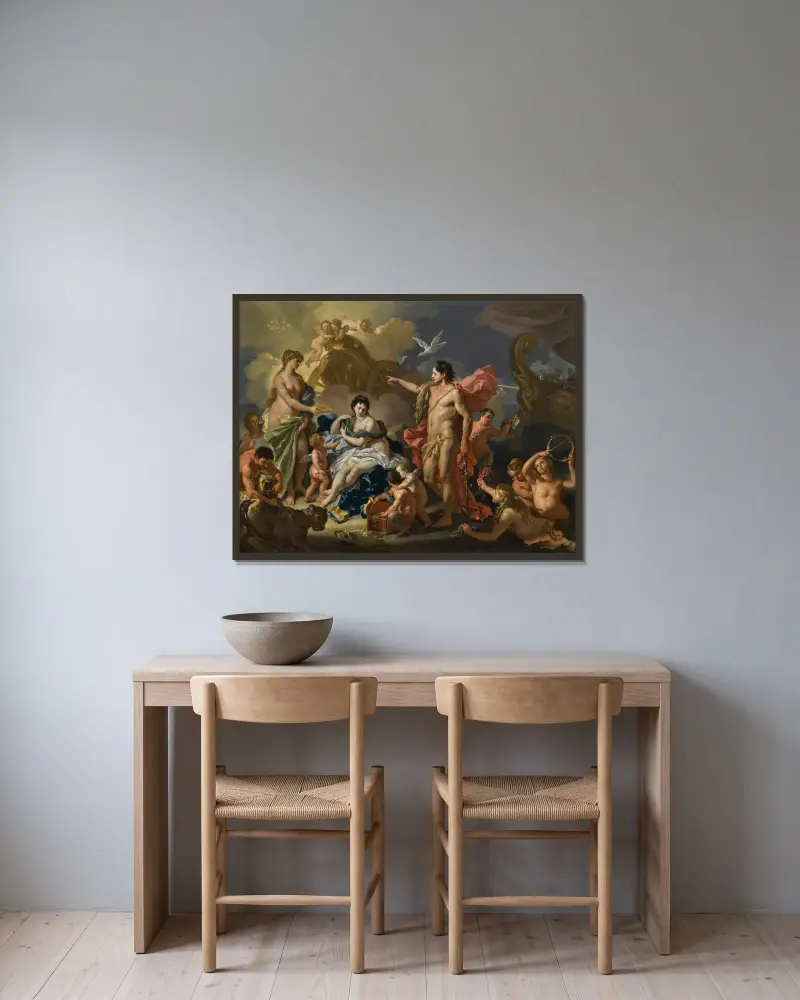 Bacchus und Ariadne von Francesco Solimena gerahmt an einer Wand