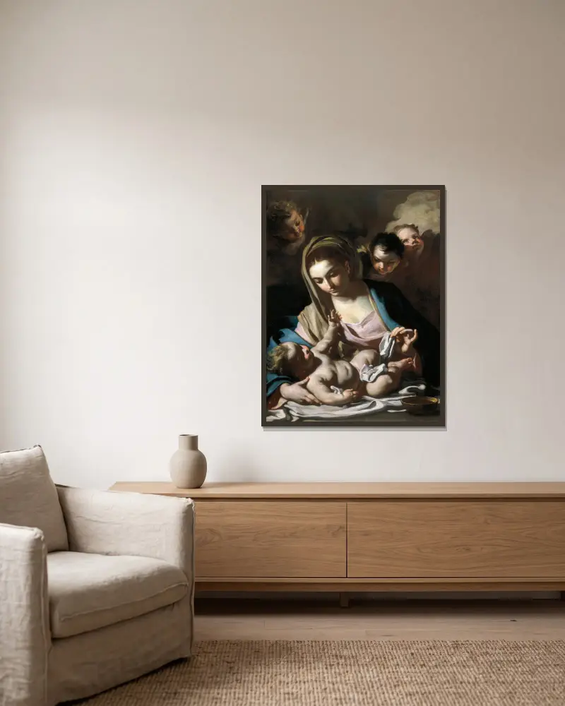 Madonna And Child, 1720 av Francesco Solimena inramad på en vägg