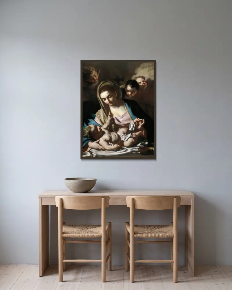 Madonna And Child, 1720 av Francesco Solimena inramad på en vägg