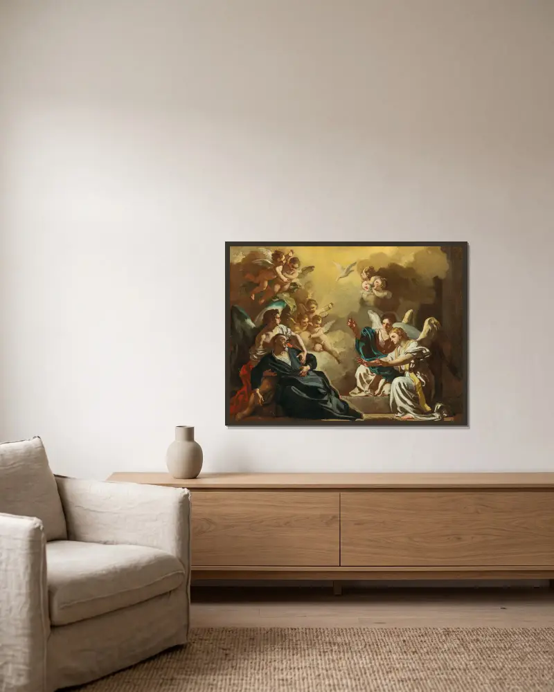 Sankt Filippo Neri mottar den helige Ande i Sankt Sebastians katakomber av Francesco Solimena inramad på en vägg