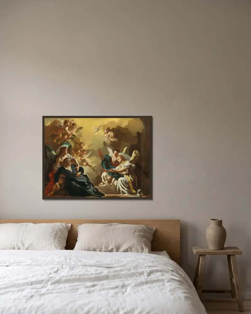 Sankt Filippo Neri mottar den helige Ande i Sankt Sebastians katakomber av Francesco Solimena inramad på en vägg
