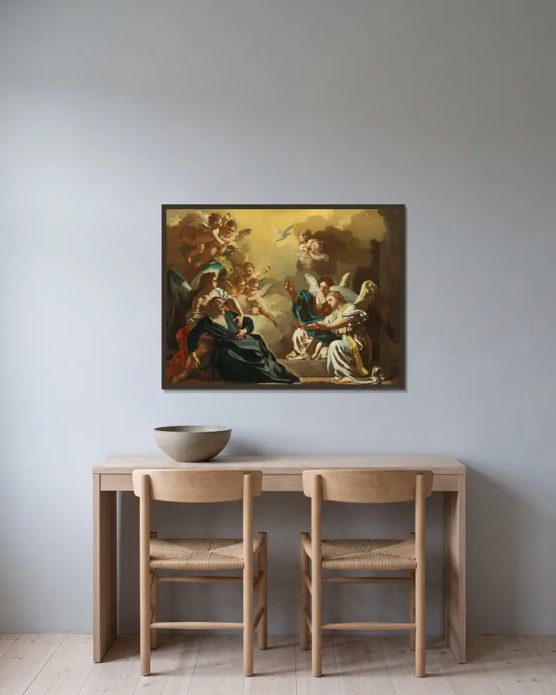 Sankt Filippo Neri mottar den helige Ande i Sankt Sebastians katakomber av Francesco Solimena inramad på en vägg