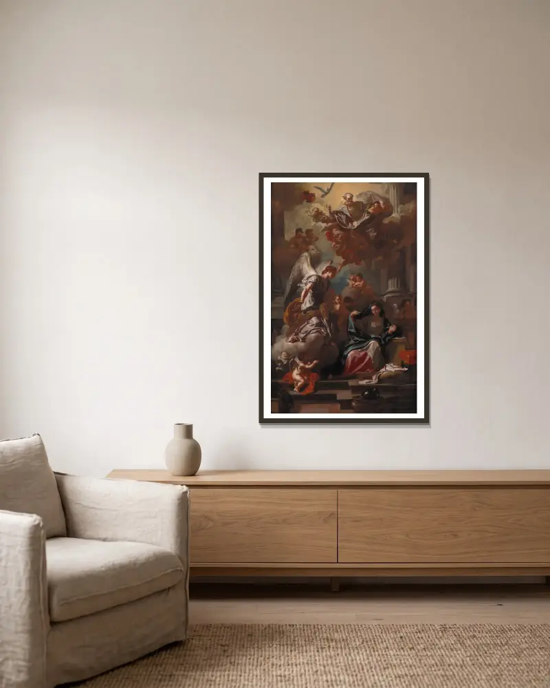 The Annunciation av Francesco Solimena inramad på en vägg