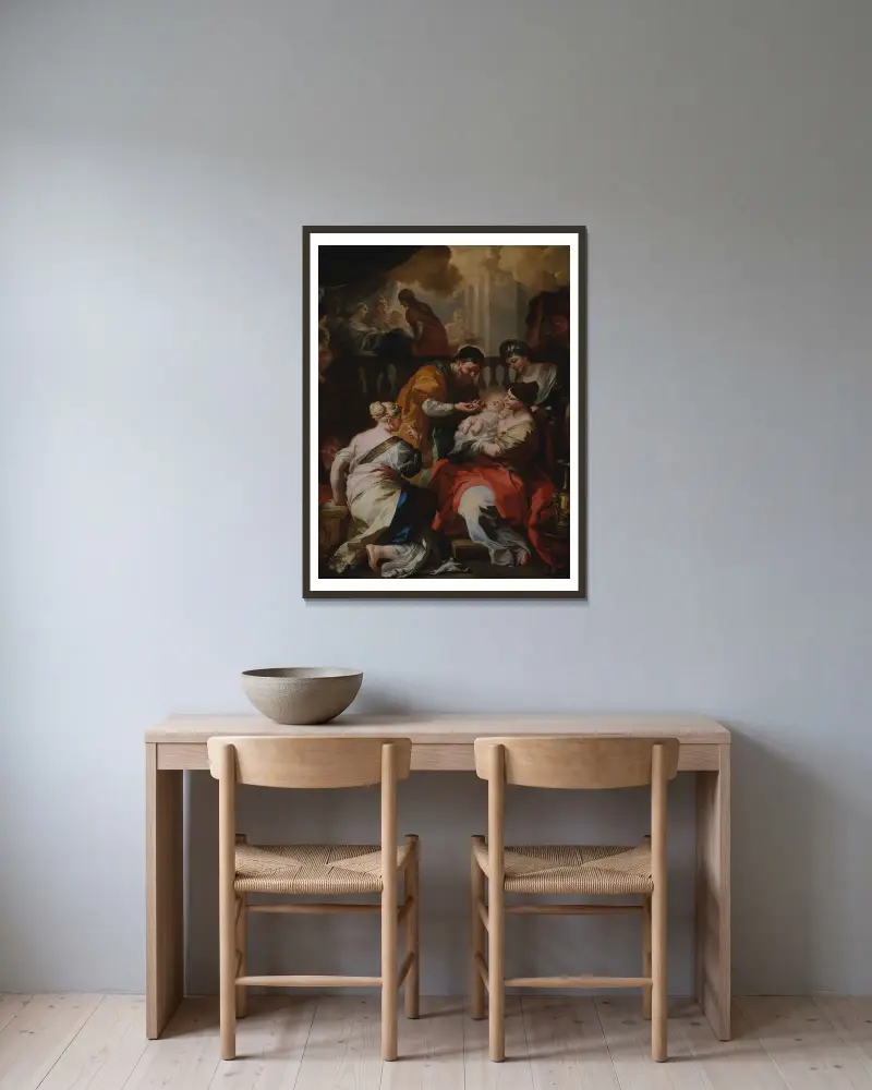 Jungfru Marias födelse av Francesco Solimena inramad på en vägg