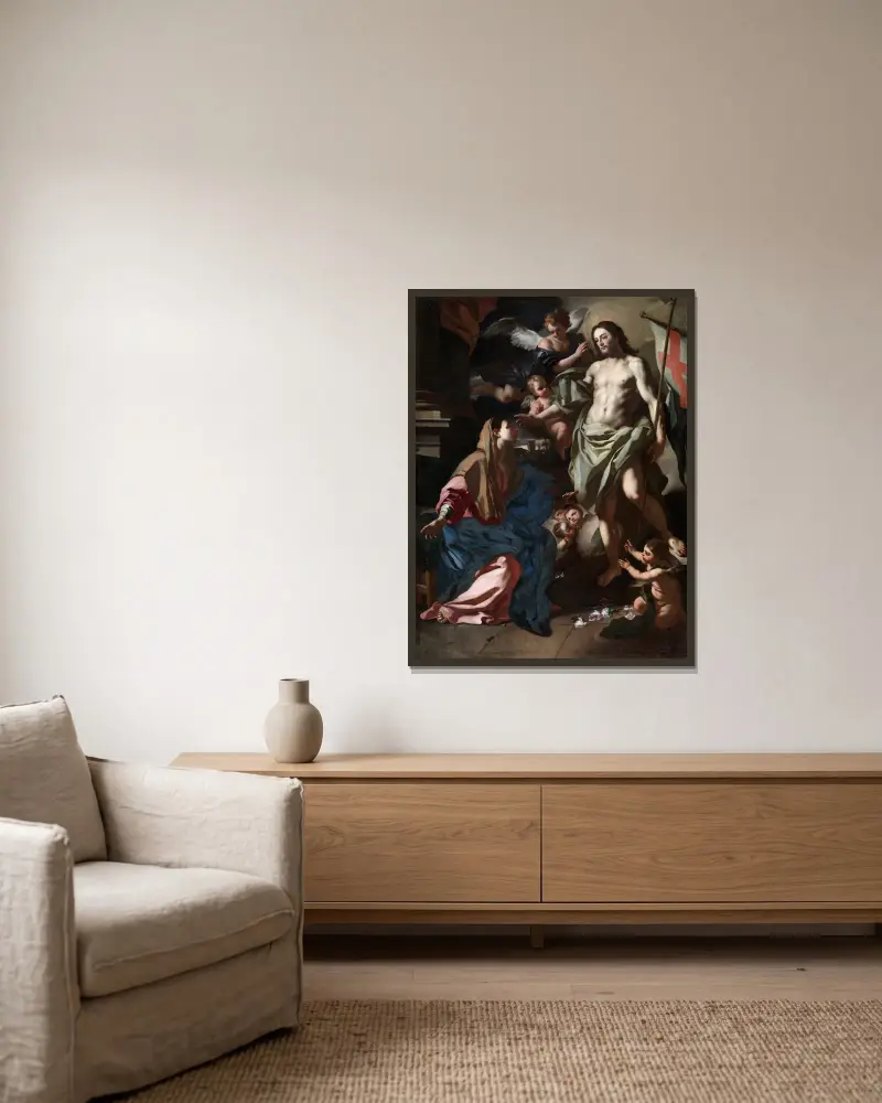 The Risen Christ Appearing to the Virgin av Francesco Solimena inramad på en vägg