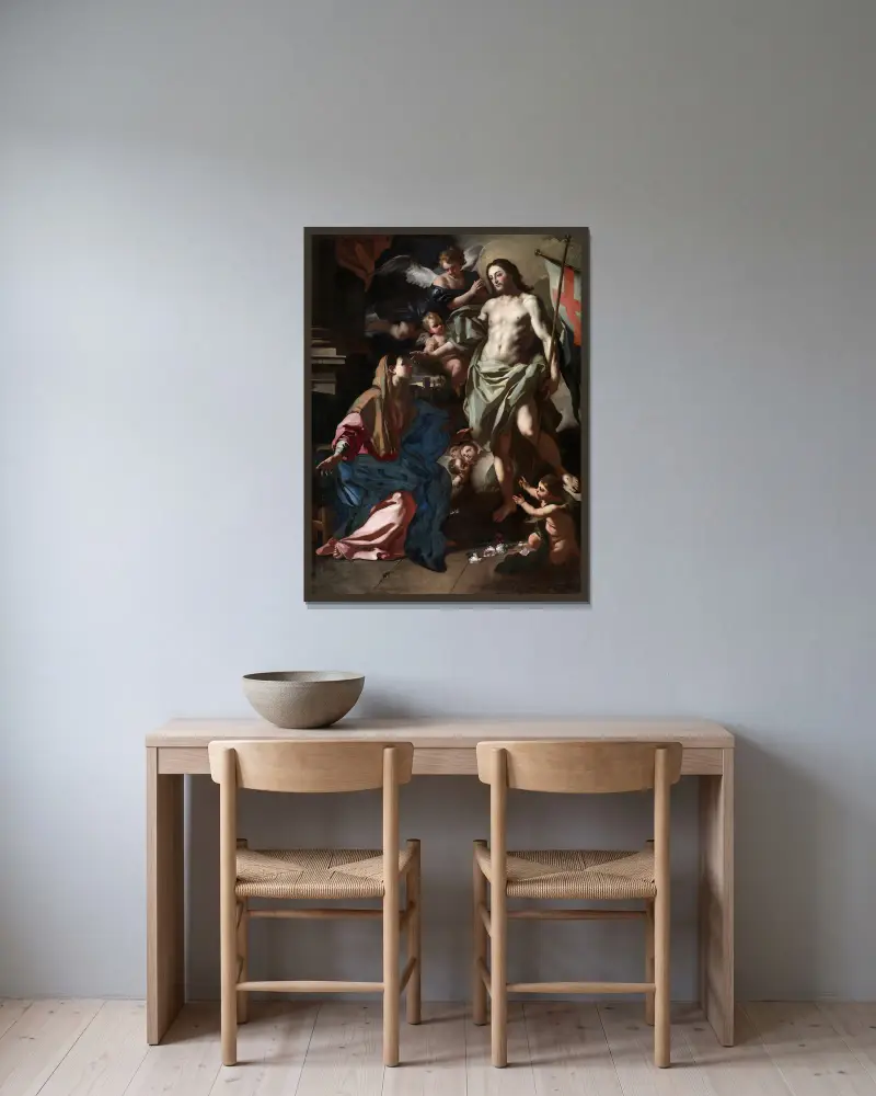 The Risen Christ Appearing to the Virgin av Francesco Solimena inramad på en vägg